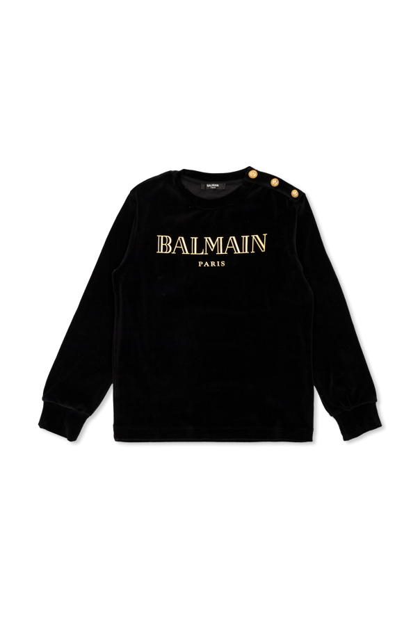 Balmain MEN SHORT SLEEVE CREW NECK Black Velvet sweatshirt with logo Balmain Kids Biname fmedShops Canada